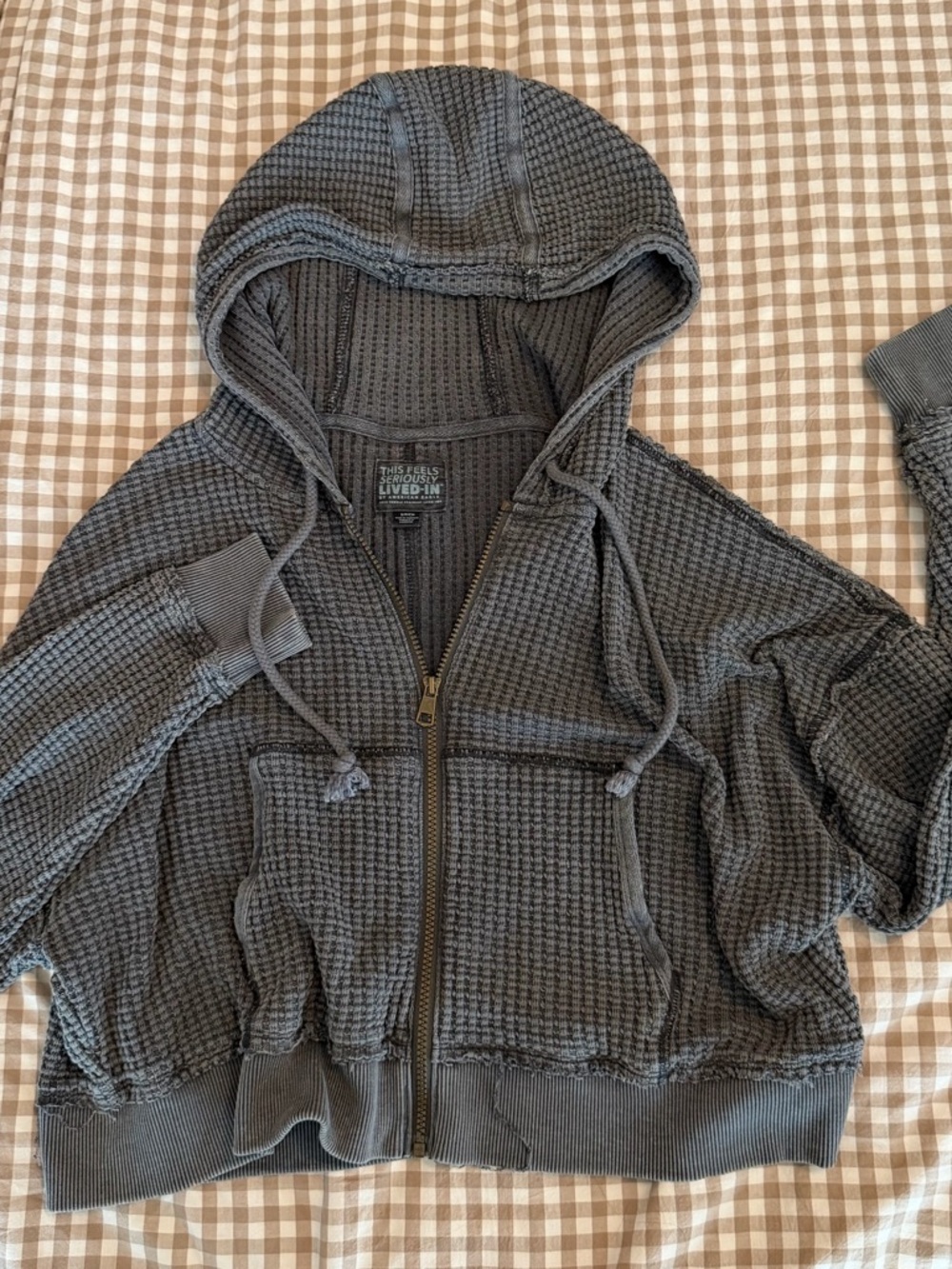 American Eagle Outfitters Gray crop Waffle-Knit Hoodie